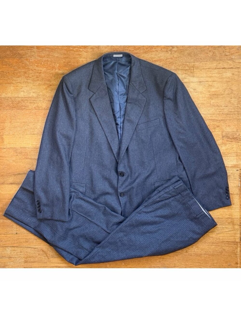 Vintage Mens Blue-Gray Pinstripe Suit 48R Blazer 44x29 Pants 1970s Wool Set